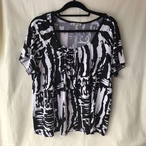 Carol Rose Plus Size Short Sleeve Shirt, Black/White Abstract, Gathered Neck, 2X